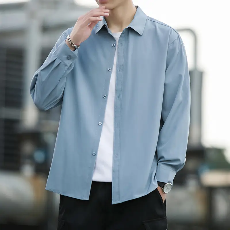 Men's Draped Ice Silk Shirt Grey Long Sleeve
