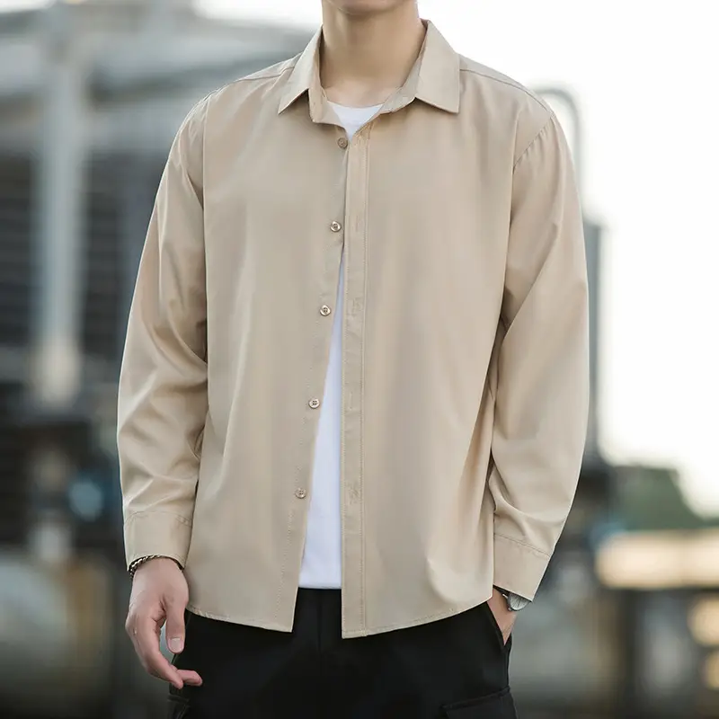 Men's Draped Ice Silk Shirt Grey Long Sleeve