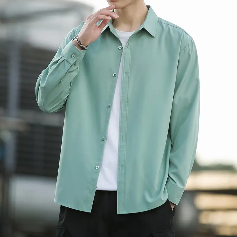Men's Draped Ice Silk Shirt Grey Long Sleeve
