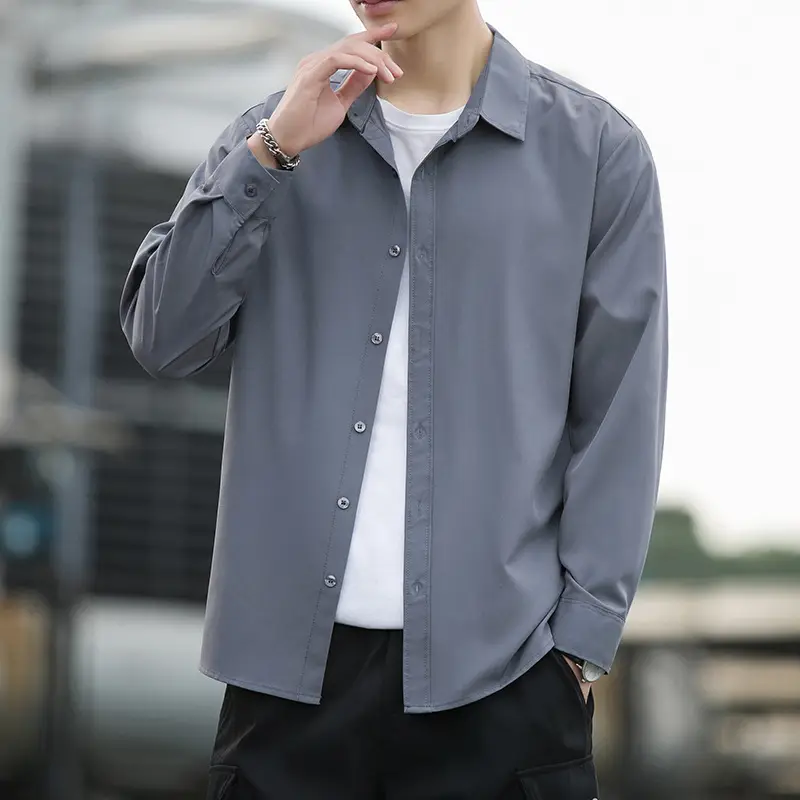 Men's Draped Ice Silk Shirt Grey Long Sleeve