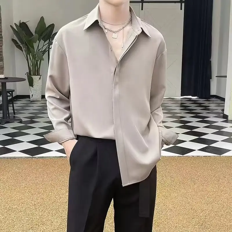 Men's Draped Ice Silk Shirt Grey Long Sleeve