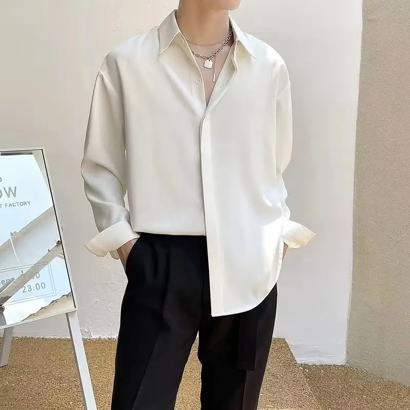 Men's Draped Ice Silk Shirt Grey Long Sleeve