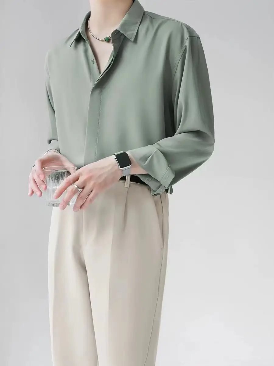 Men's Draped Ice Silk Shirt Grey Long Sleeve