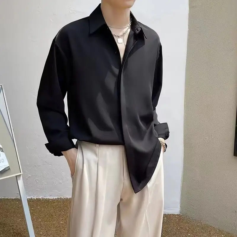 Men's Draped Ice Silk Shirt Grey Long Sleeve