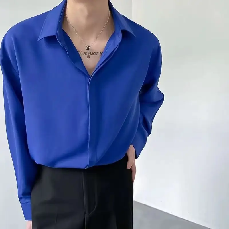 Men's Draped Ice Silk Shirt Grey Long Sleeve