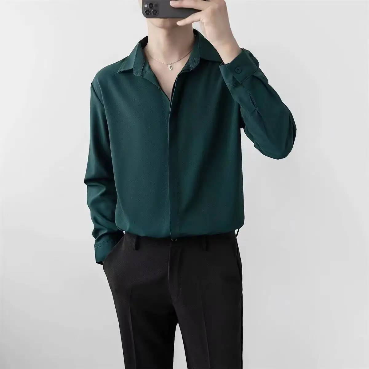 Men's Draped Ice Silk Shirt Grey Long Sleeve