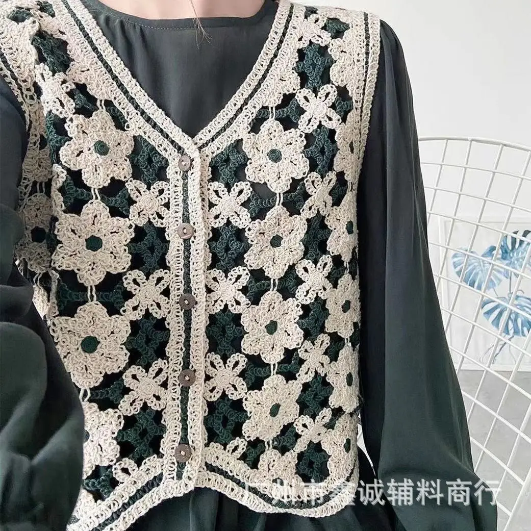 Korean Style Black Knitted Vest with Embroidered Hollow Design - Image 2