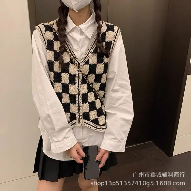 Korean Style Black Knitted Vest with Embroidered Hollow Design - Image 4