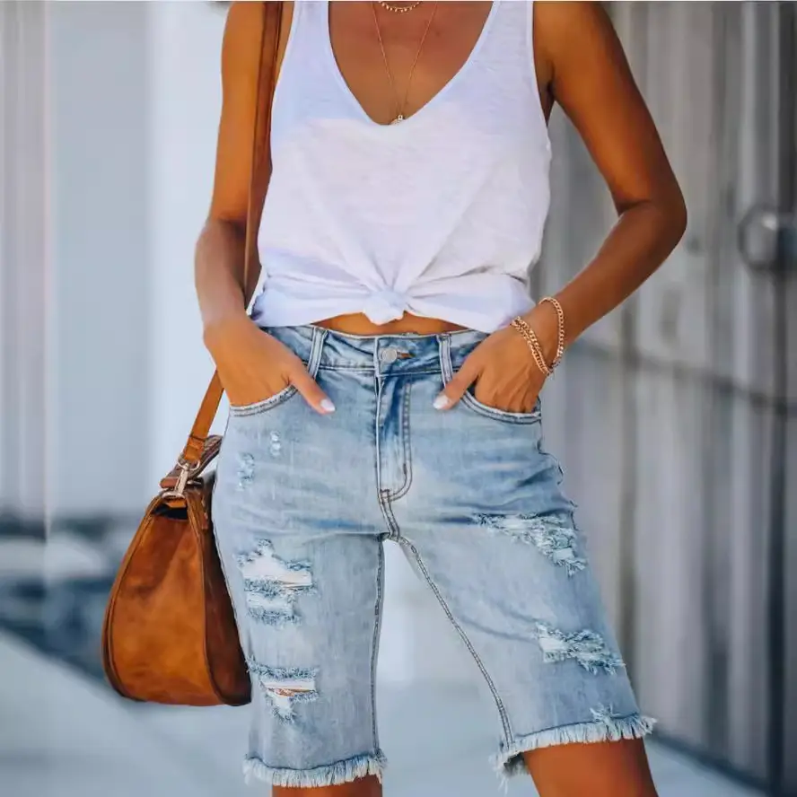 Women Denim Shorts Washed Ripped Cotton 2024 - Image 4