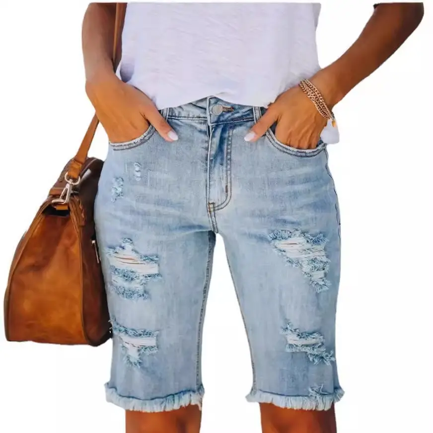 Women Denim Shorts Washed Ripped Cotton 2024 - Image 6