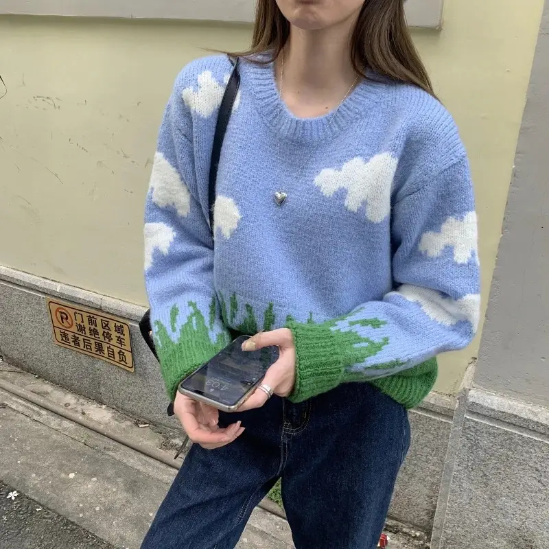 Women's Blue Cloud Pattern Sweater Set Winter Warm Loose Fit