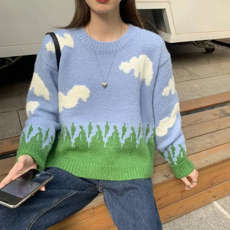Women's Blue Cloud Pattern Sweater Set Winter Warm Loose Fit