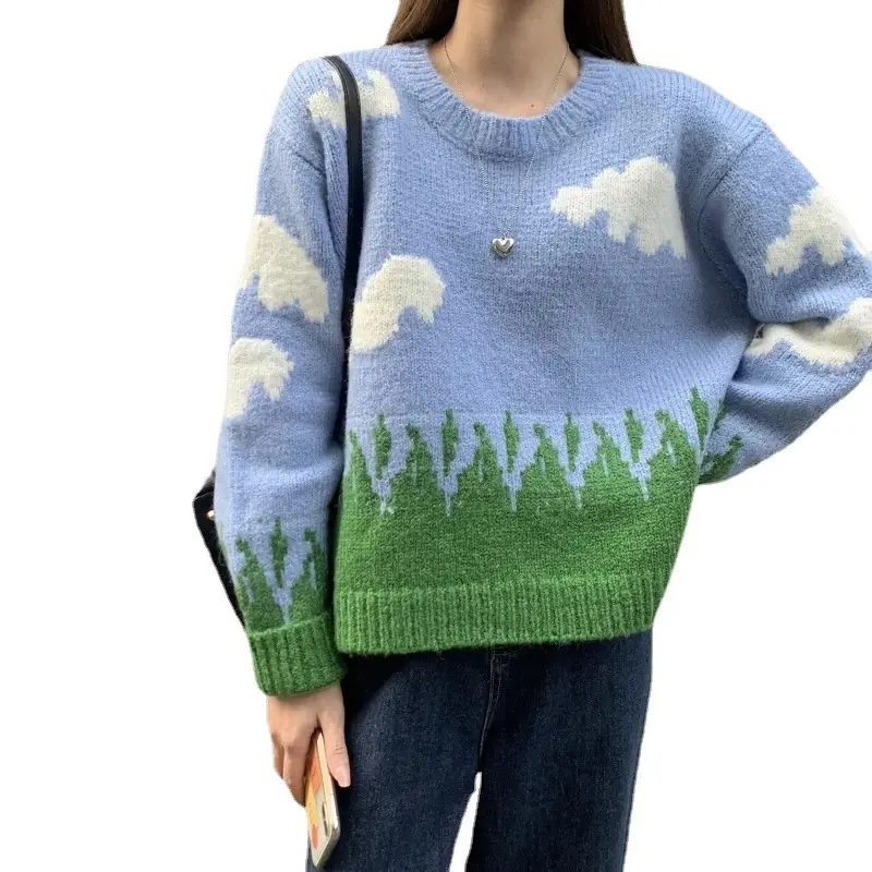 Women's Blue Cloud Pattern Sweater Set Winter Warm Loose Fit