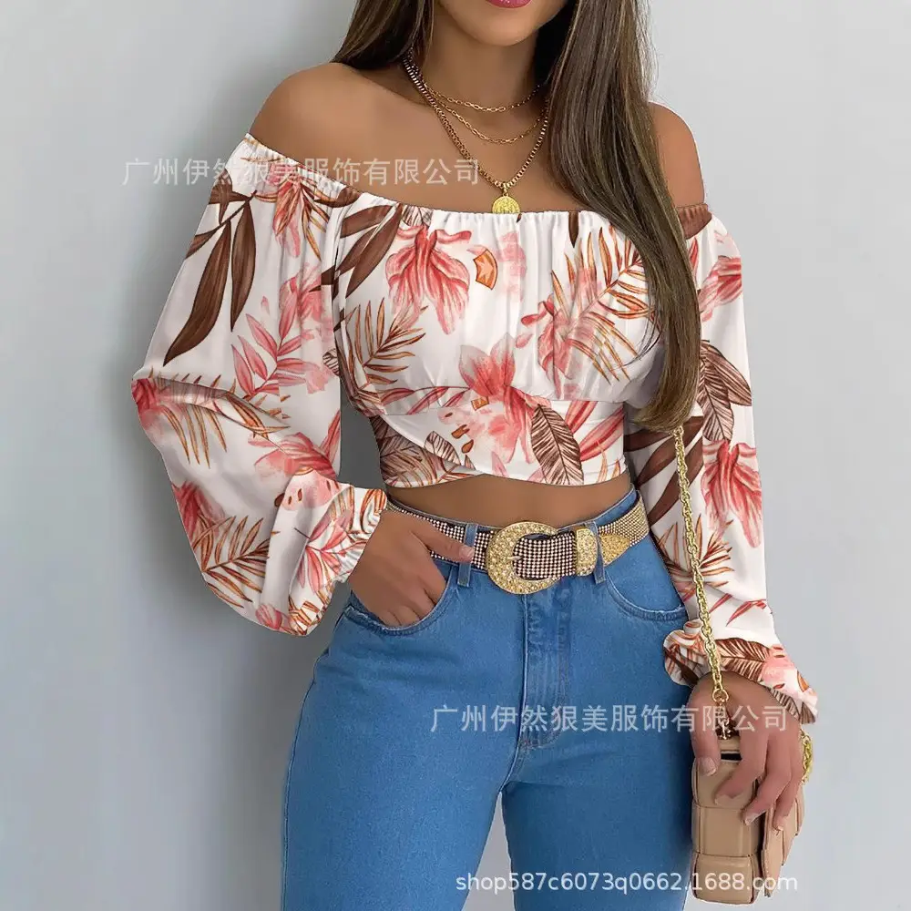 Off-Shoulder Floral Print Long Sleeve T-Shirt for Women