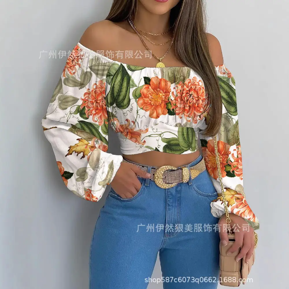 Off-Shoulder Floral Print Long Sleeve T-Shirt for Women
