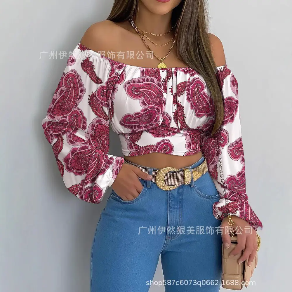 Off-Shoulder Floral Print Long Sleeve T-Shirt for Women
