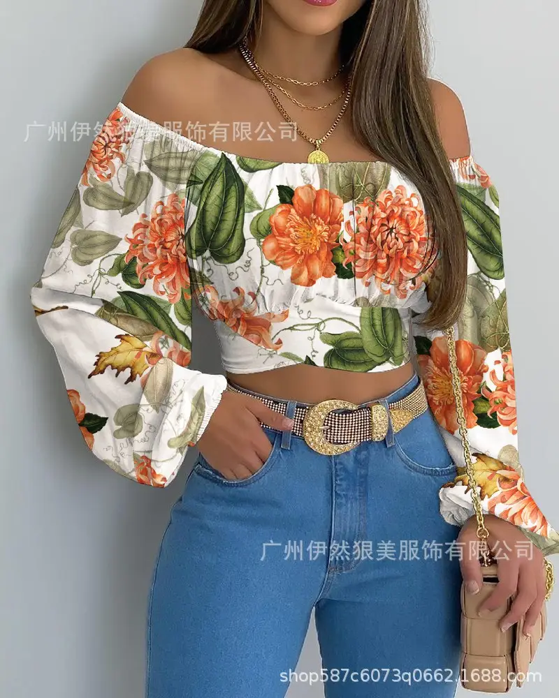 Off-Shoulder Floral Print Long Sleeve T-Shirt for Women