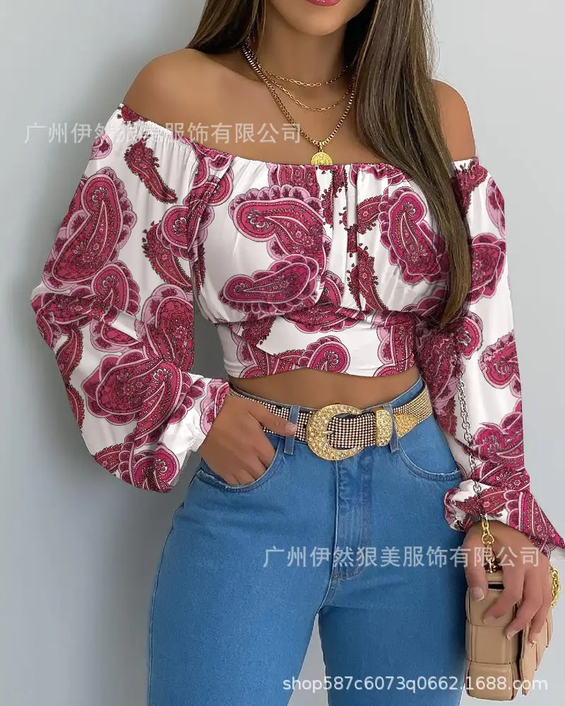 Off-Shoulder Floral Print Long Sleeve T-Shirt for Women