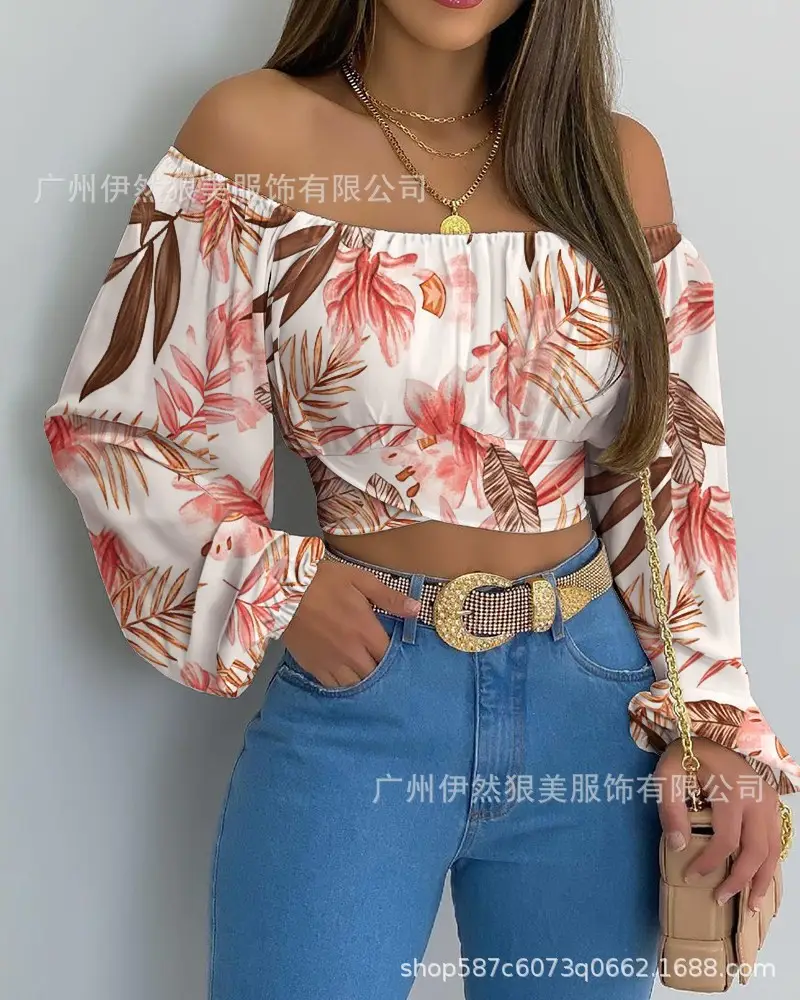Off-Shoulder Floral Print Long Sleeve T-Shirt for Women