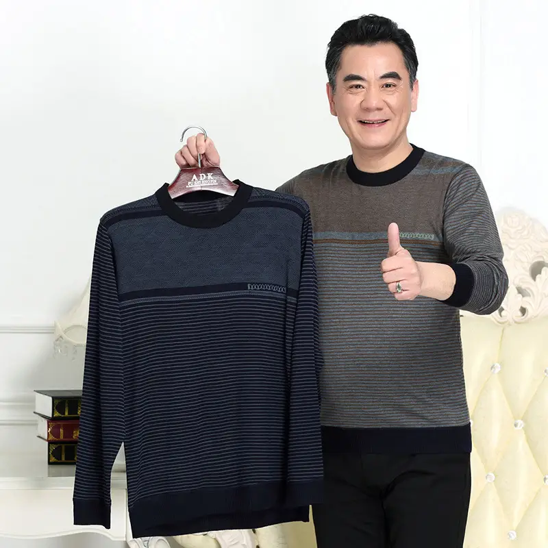 Middle-aged Men Long Sleeve T-Shirt Maroon Black Round Neck