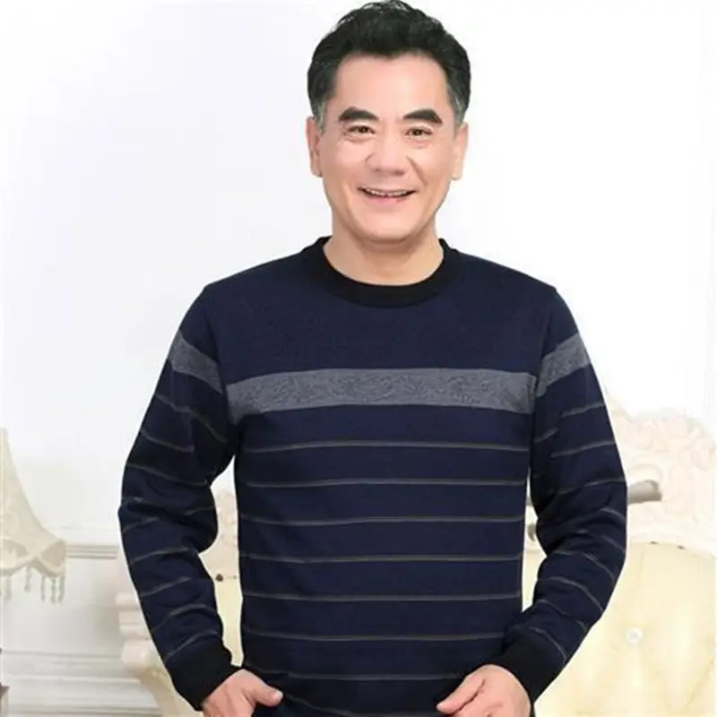 Middle-aged Men Long Sleeve T-Shirt Maroon Black Round Neck