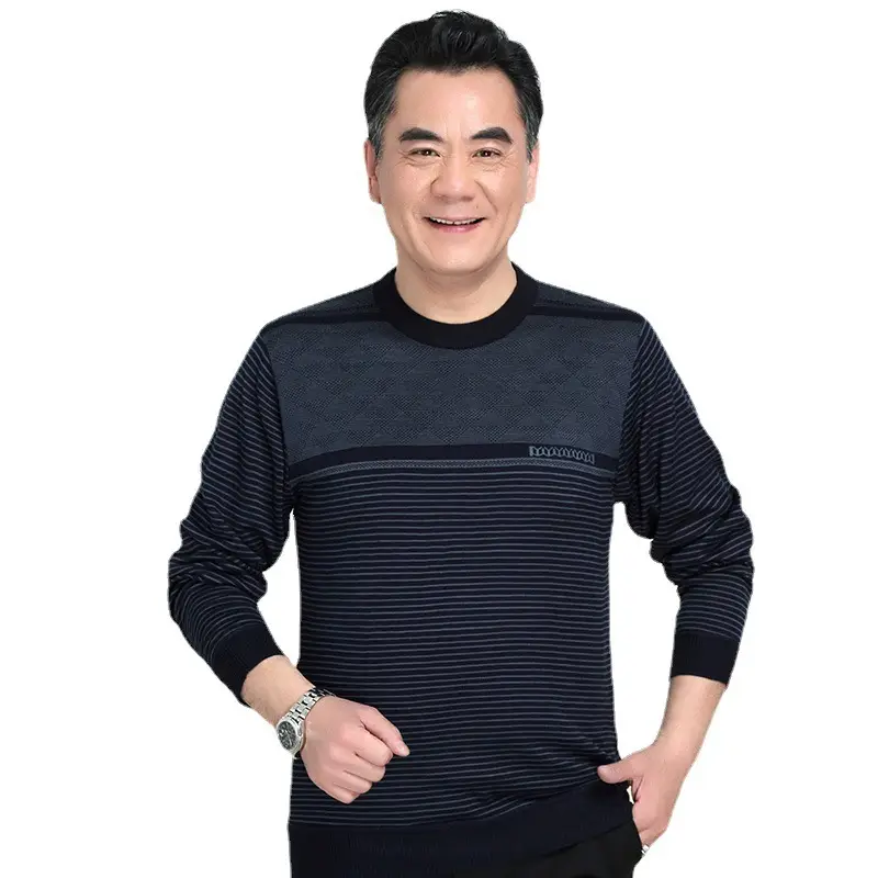 Middle-aged Men Long Sleeve T-Shirt Maroon Black Round Neck