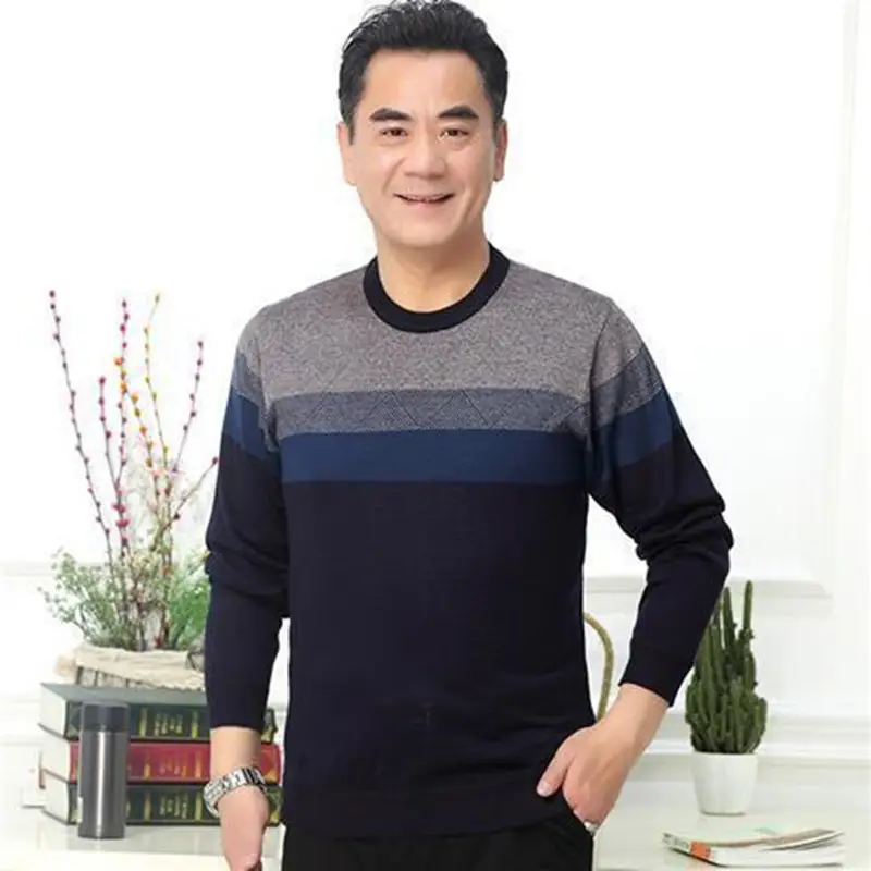 Middle-aged Men Long Sleeve T-Shirt Maroon Black Round Neck