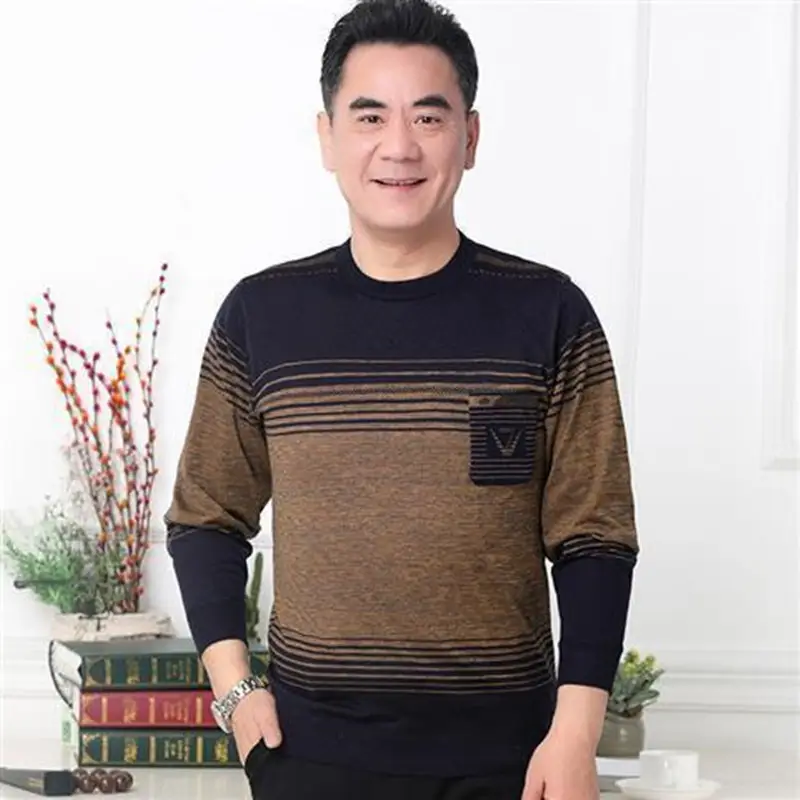 Middle-aged Men Long Sleeve T-Shirt Maroon Black Round Neck