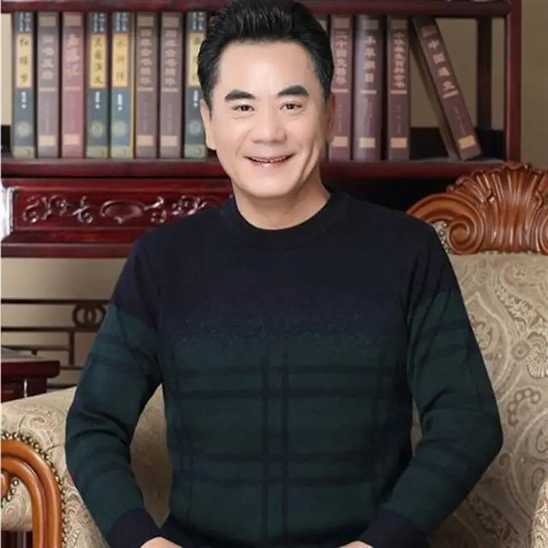 Middle-aged Men Long Sleeve T-Shirt Maroon Black Round Neck