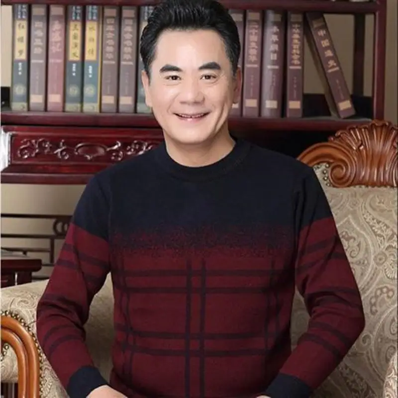 Middle-aged Men Long Sleeve T-Shirt Maroon Black Round Neck
