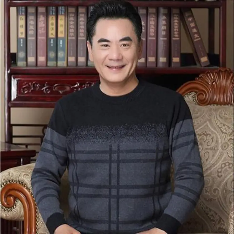 Middle-aged Men Long Sleeve T-Shirt Maroon Black Round Neck