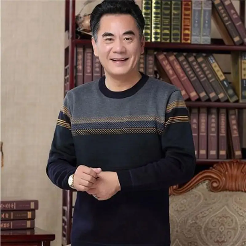 Middle-aged Men Long Sleeve T-Shirt Maroon Black Round Neck