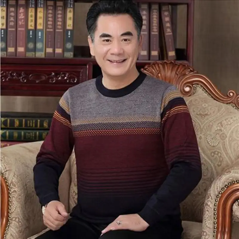 Middle-aged Men Long Sleeve T-Shirt Maroon Black Round Neck