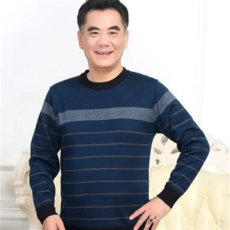 Middle-aged Men Long Sleeve T-Shirt Maroon Black Round Neck