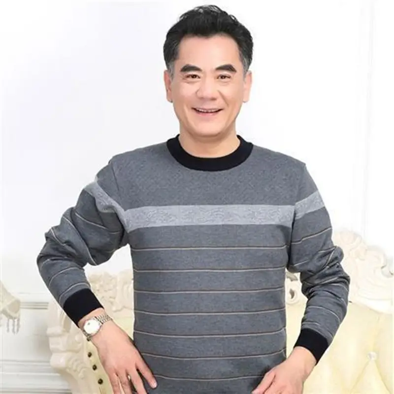 Middle-aged Men Long Sleeve T-Shirt Maroon Black Round Neck