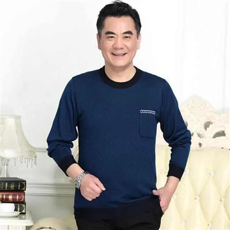Middle-aged Men Long Sleeve T-Shirt Maroon Black Round Neck
