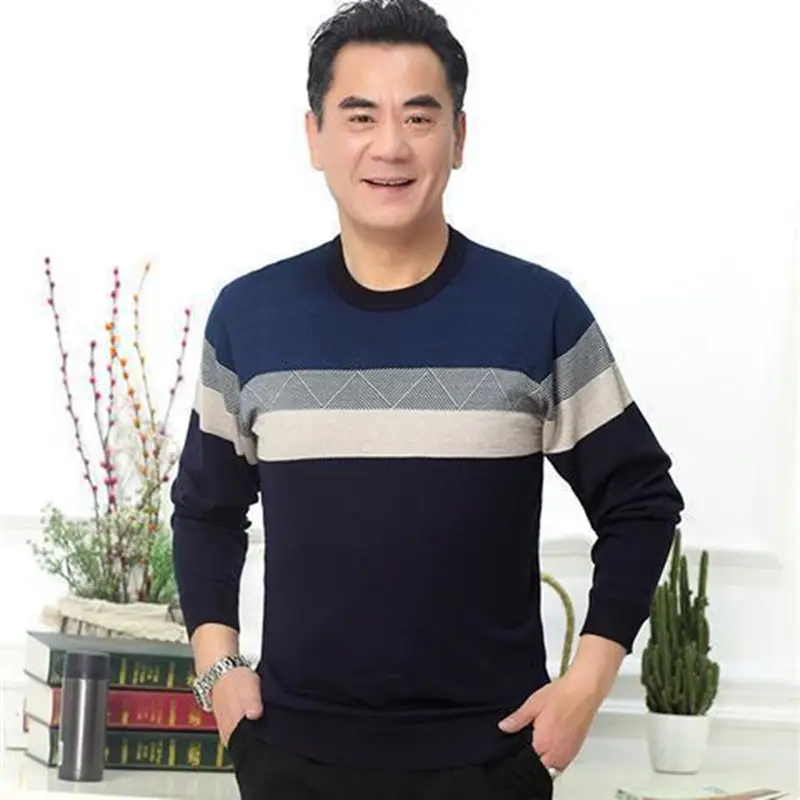 Middle-aged Men Long Sleeve T-Shirt Maroon Black Round Neck