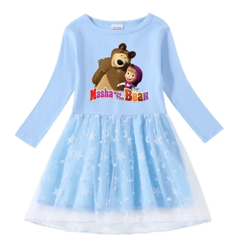 Pink Cartoon Bear Dress for Girls with Star Moon Print - Image 3