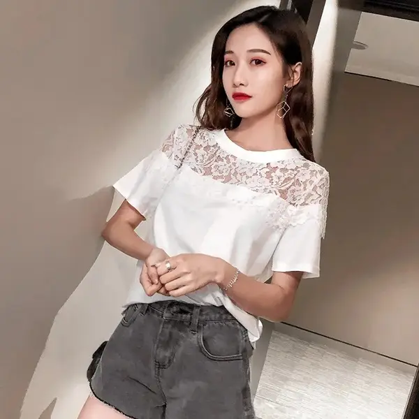 Plus Size Women Lace Short Sleeve T-Shirt Black White - Image 5