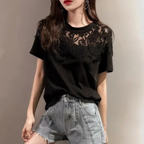 Plus Size Women Lace Short Sleeve T-Shirt Black White - Image 6