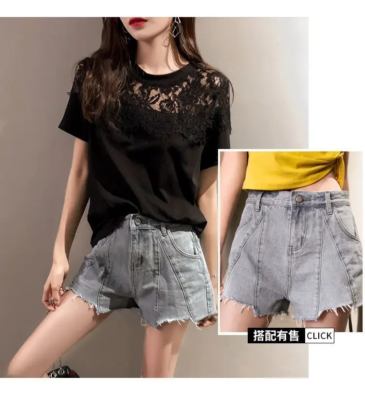 Plus Size Women Lace Short Sleeve T-Shirt Black White — feature 11