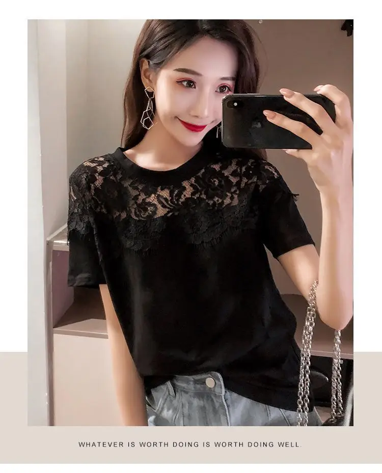 Plus Size Women Lace Short Sleeve T-Shirt Black White — feature 15