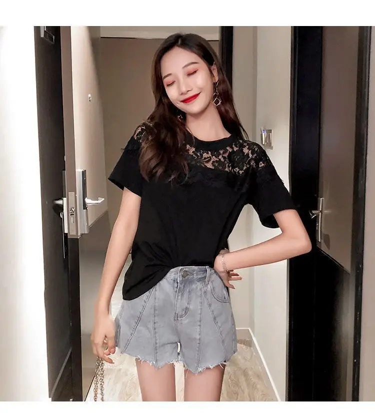 Plus Size Women Lace Short Sleeve T-Shirt Black White — feature 16