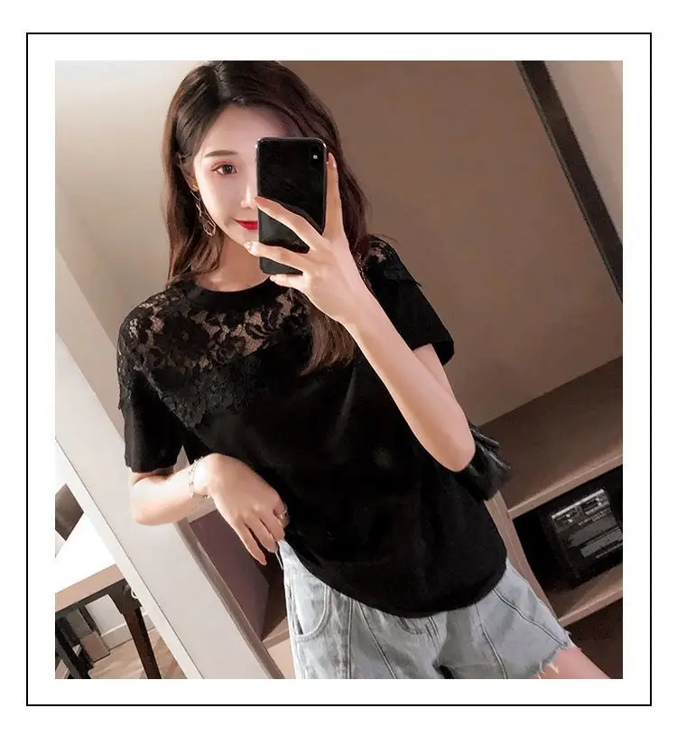 Plus Size Women Lace Short Sleeve T-Shirt Black White — feature 17