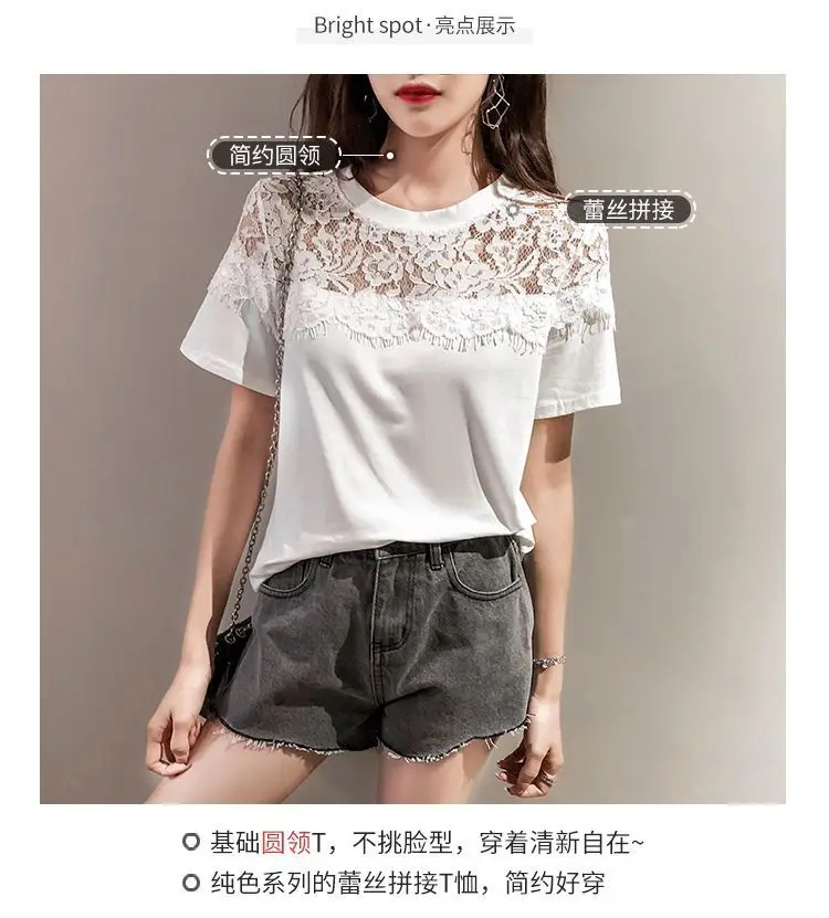 Plus Size Women Lace Short Sleeve T-Shirt Black White — feature 2