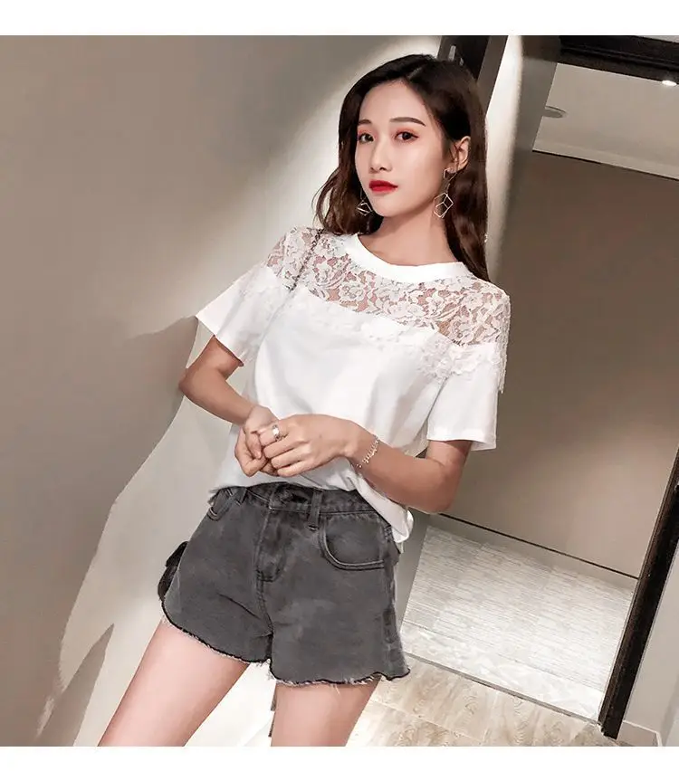 Plus Size Women Lace Short Sleeve T-Shirt Black White — feature 5