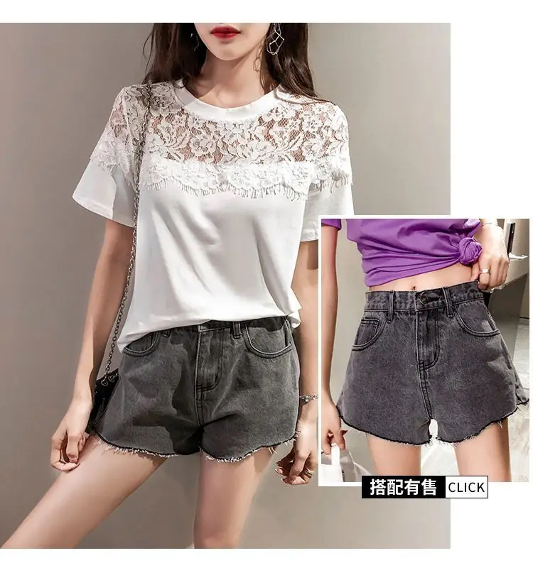 Plus Size Women Lace Short Sleeve T-Shirt Black White — feature 6