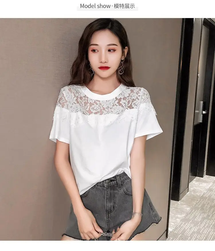 Plus Size Women Lace Short Sleeve T-Shirt Black White — feature 7