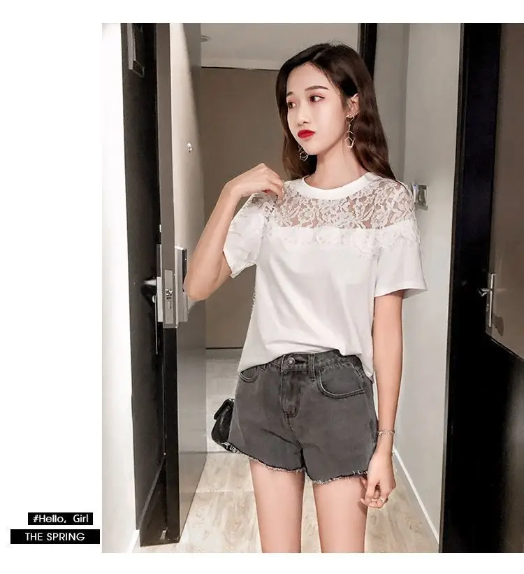 Plus Size Women Lace Short Sleeve T-Shirt Black White — feature 8