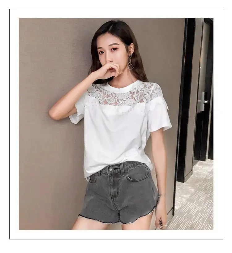 Plus Size Women Lace Short Sleeve T-Shirt Black White — feature 9